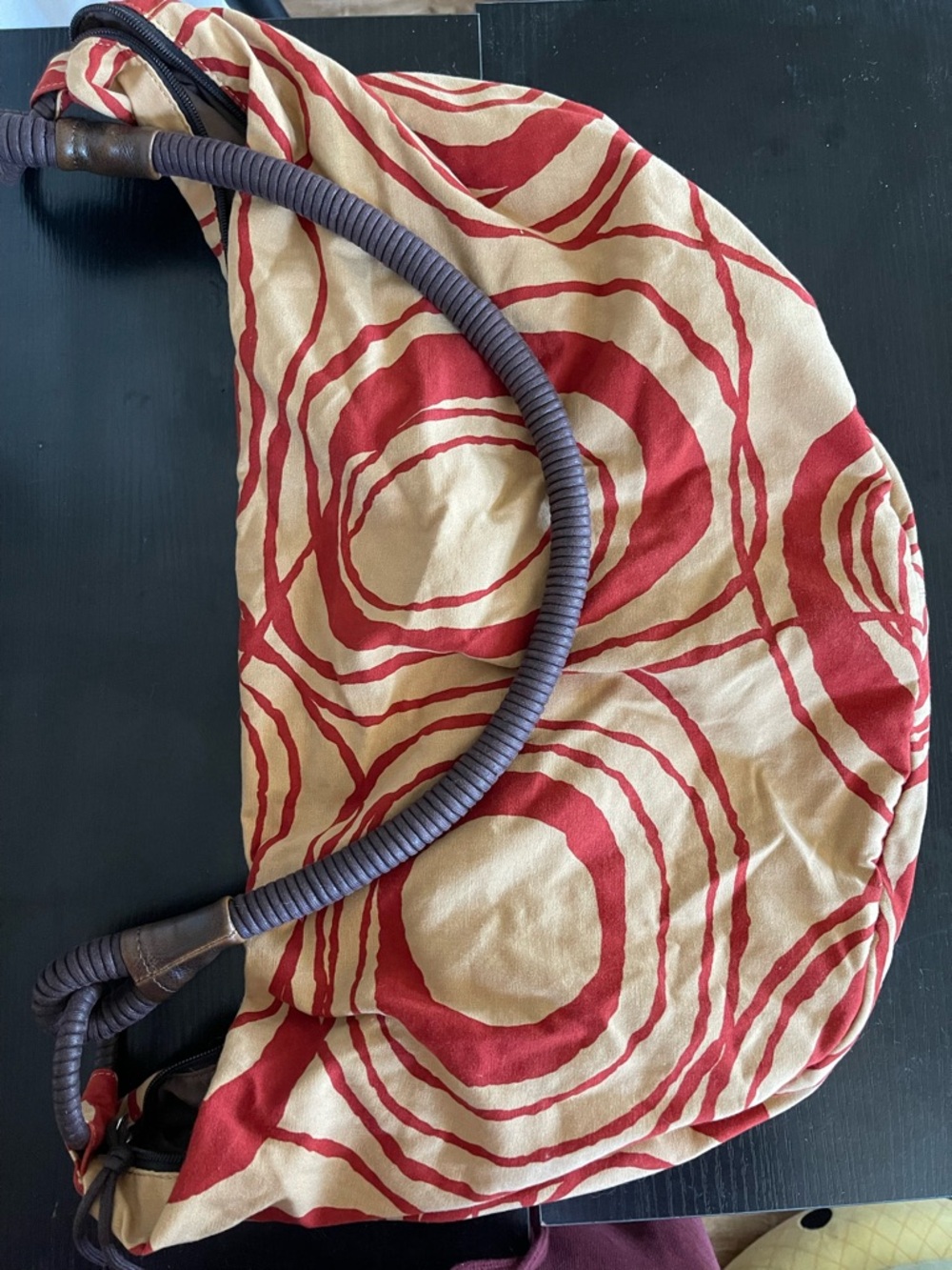 Neutral Cream and Red Circular-Print Shoulder Bag
